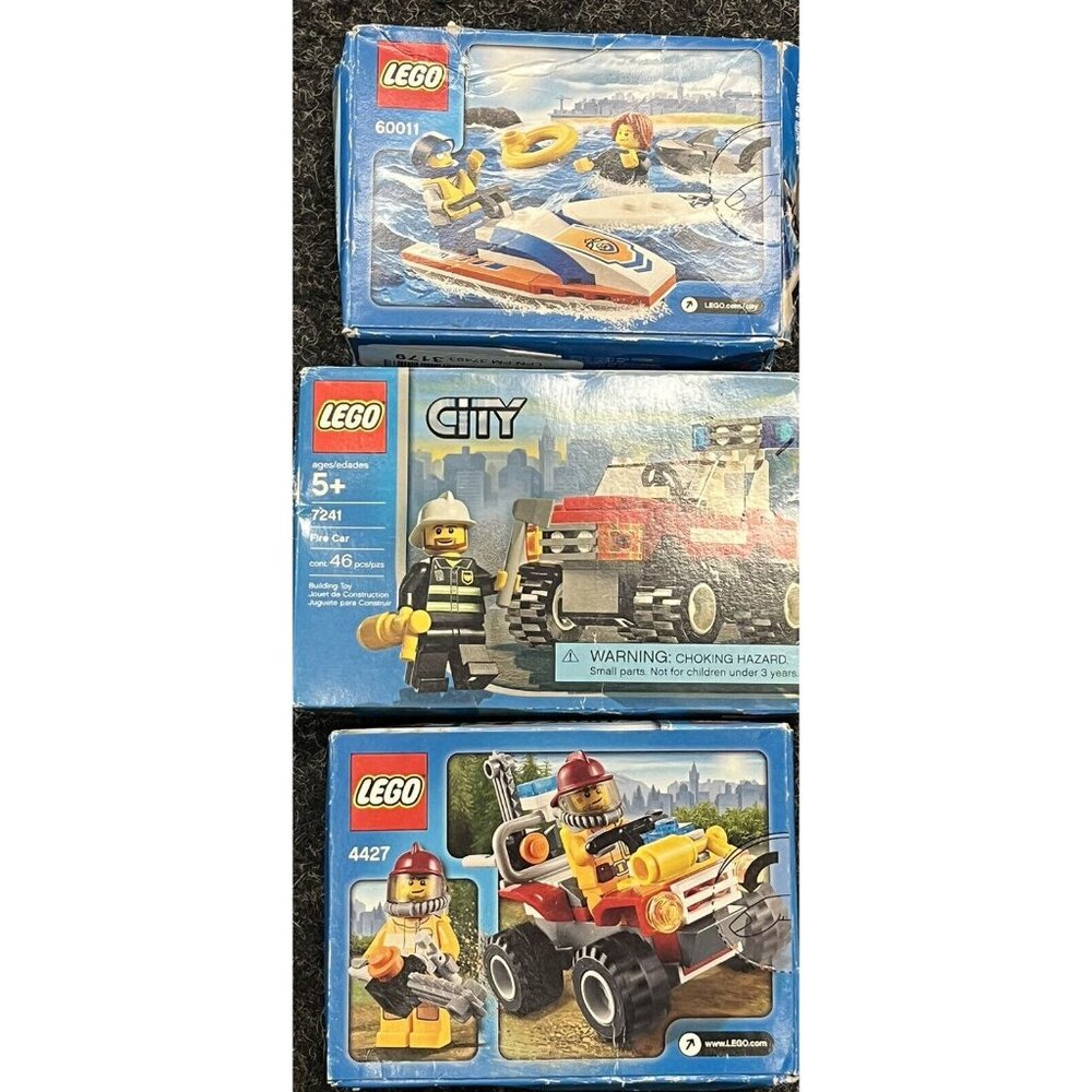 3 Lego City Sealed Sets 4427 Fire ATV, 60011 Surfer Rescue, 7241 Fire Car Lot